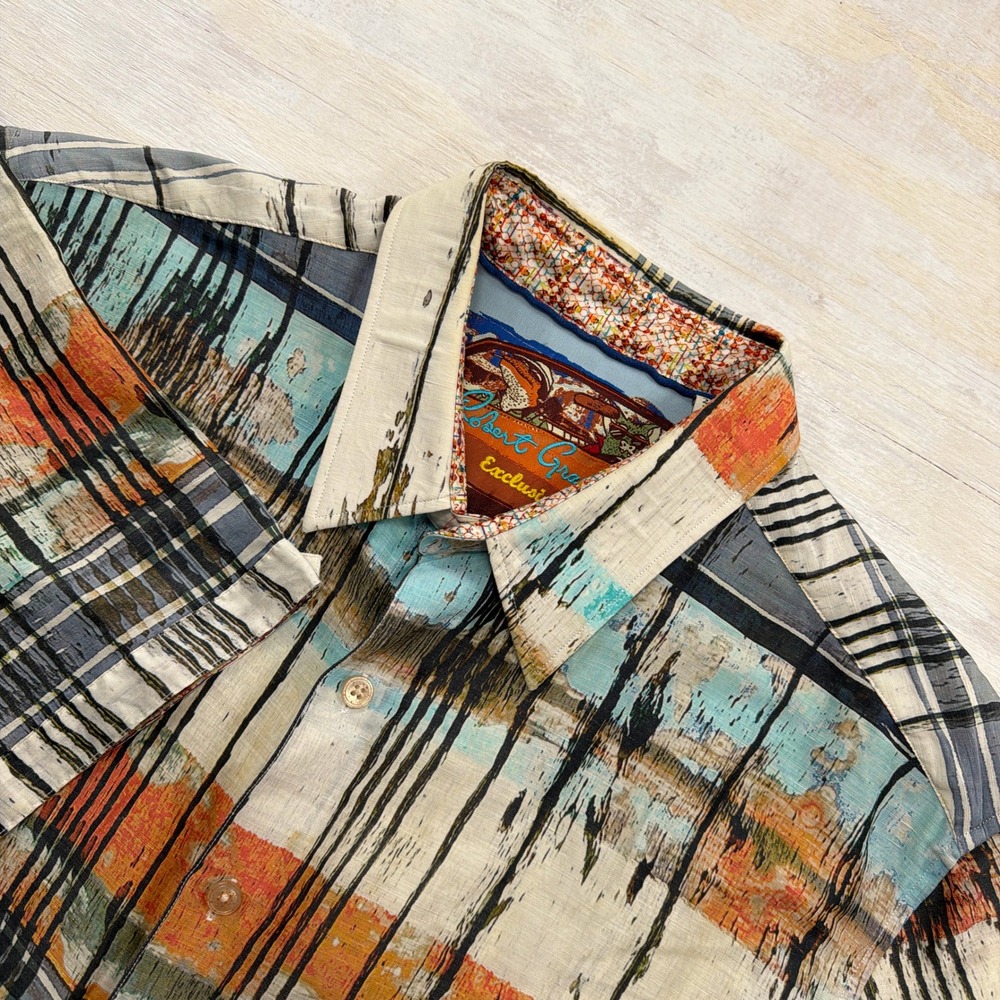 Robert Graham Shirt Exclusive Abstract Linen Silk Short Sleeve Multi Men 2XL
